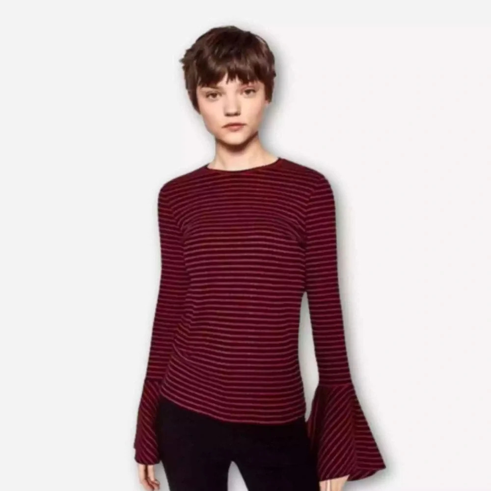 Zara Trafaluc Women’s Medium Striped Ribbed Bell Sleeve Top Ribbed Texture